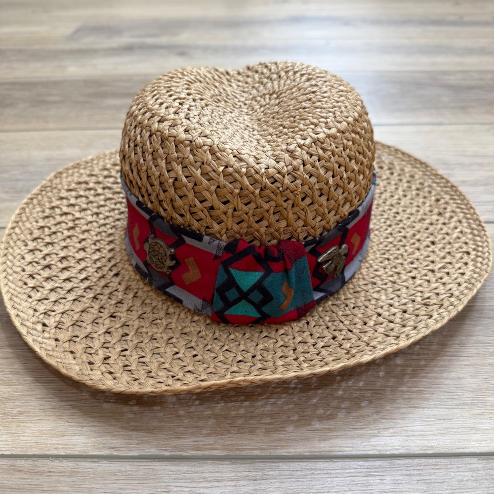 Vintage Southwestern Straw Boater Sun Hat Wide Brim Boho Charms Small 21in - Picture 1 of 13